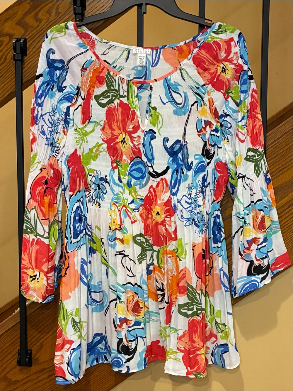 Spense Blouse Bell Sleeve Smocked Body Stretch Multi Color Floral SZ. XL